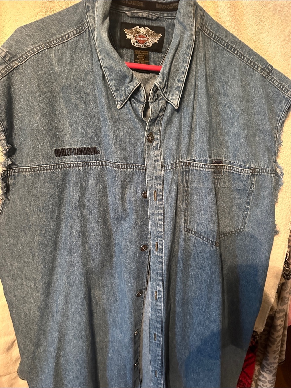 Harley-Davidson Men’s Sleeveless Denim Button-Up Shirt in Light Blue